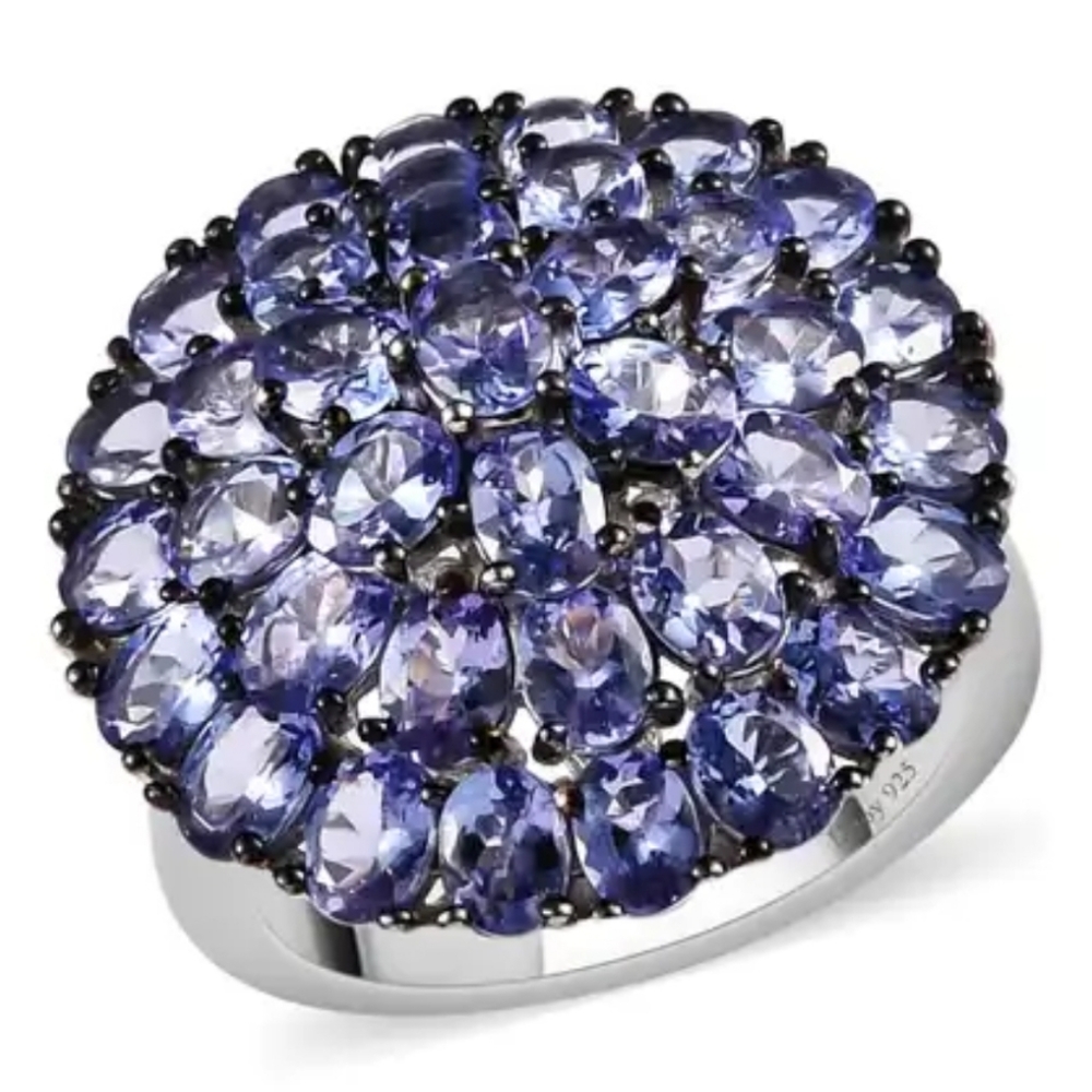 Natural Tanzanite Cluster Ring in Platinum over Sterling Silver Sz 6 - Picture 3 of 14